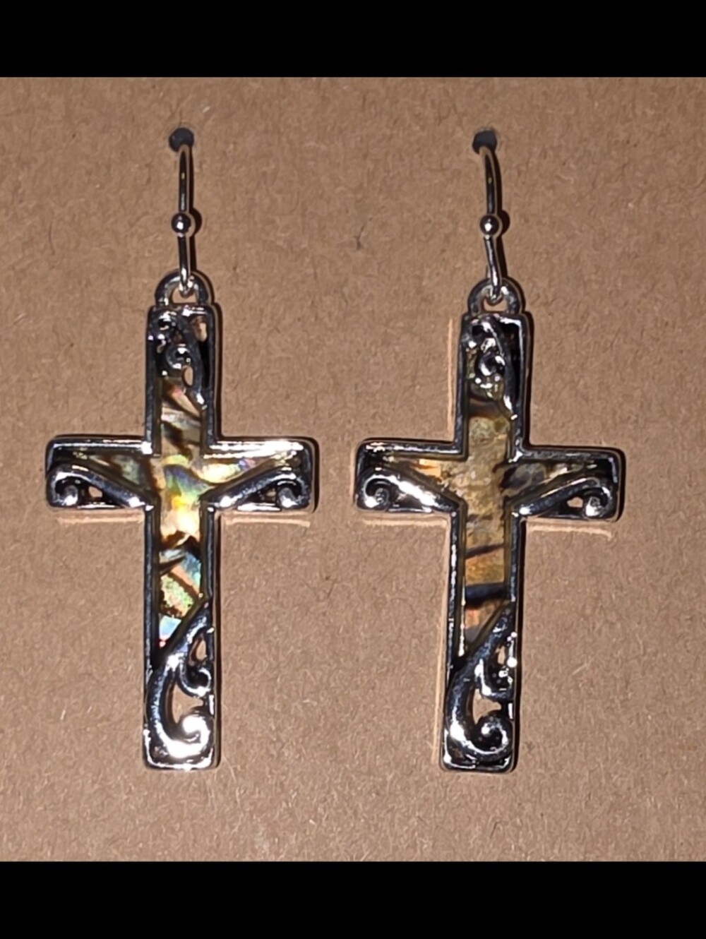 Silvertone Cross Dangle Earrings w/Iridescent Inlay